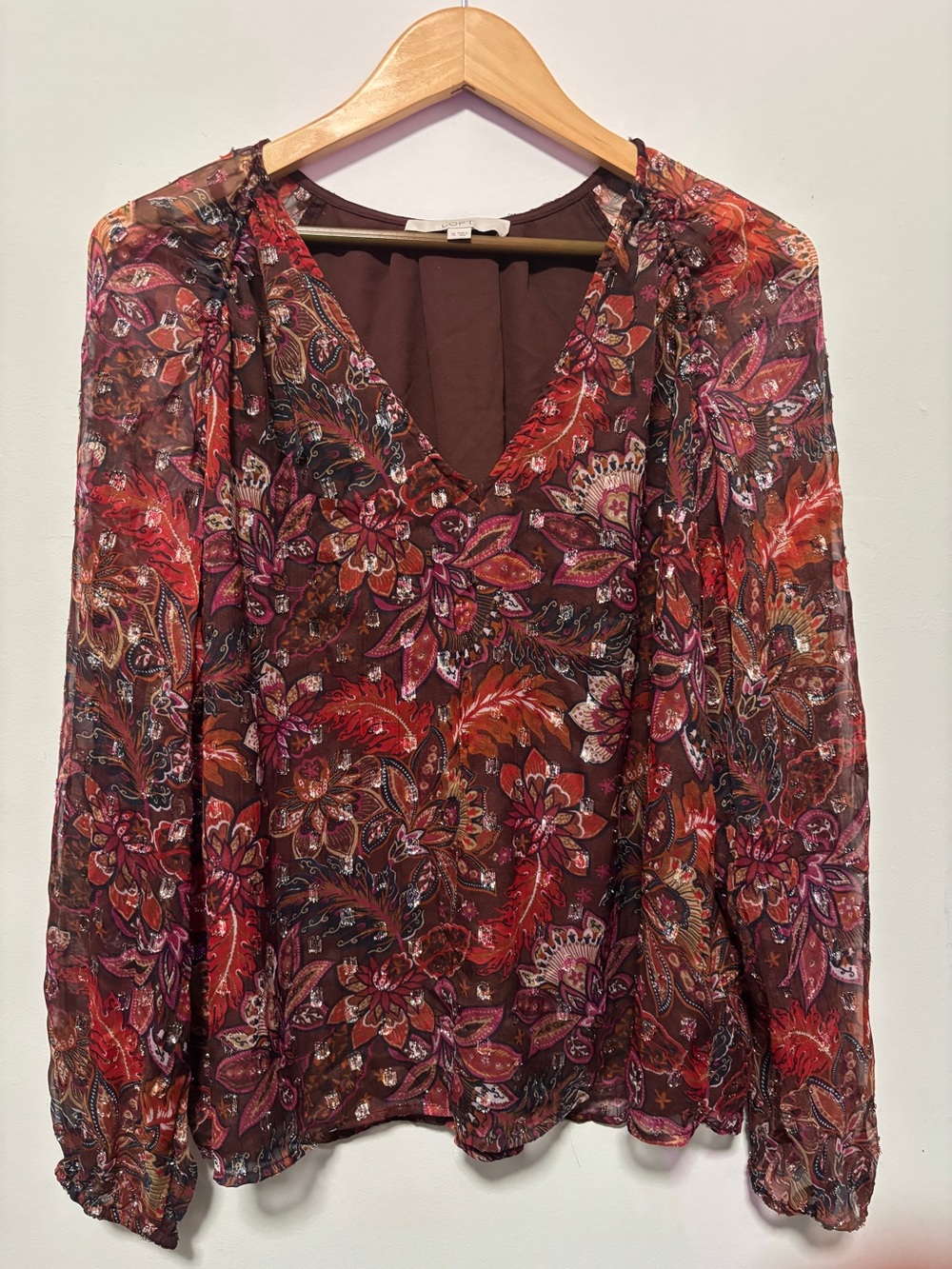 LOFT V-neck Long Sleeve Floral Print Sheer Sleeves Blouse XL